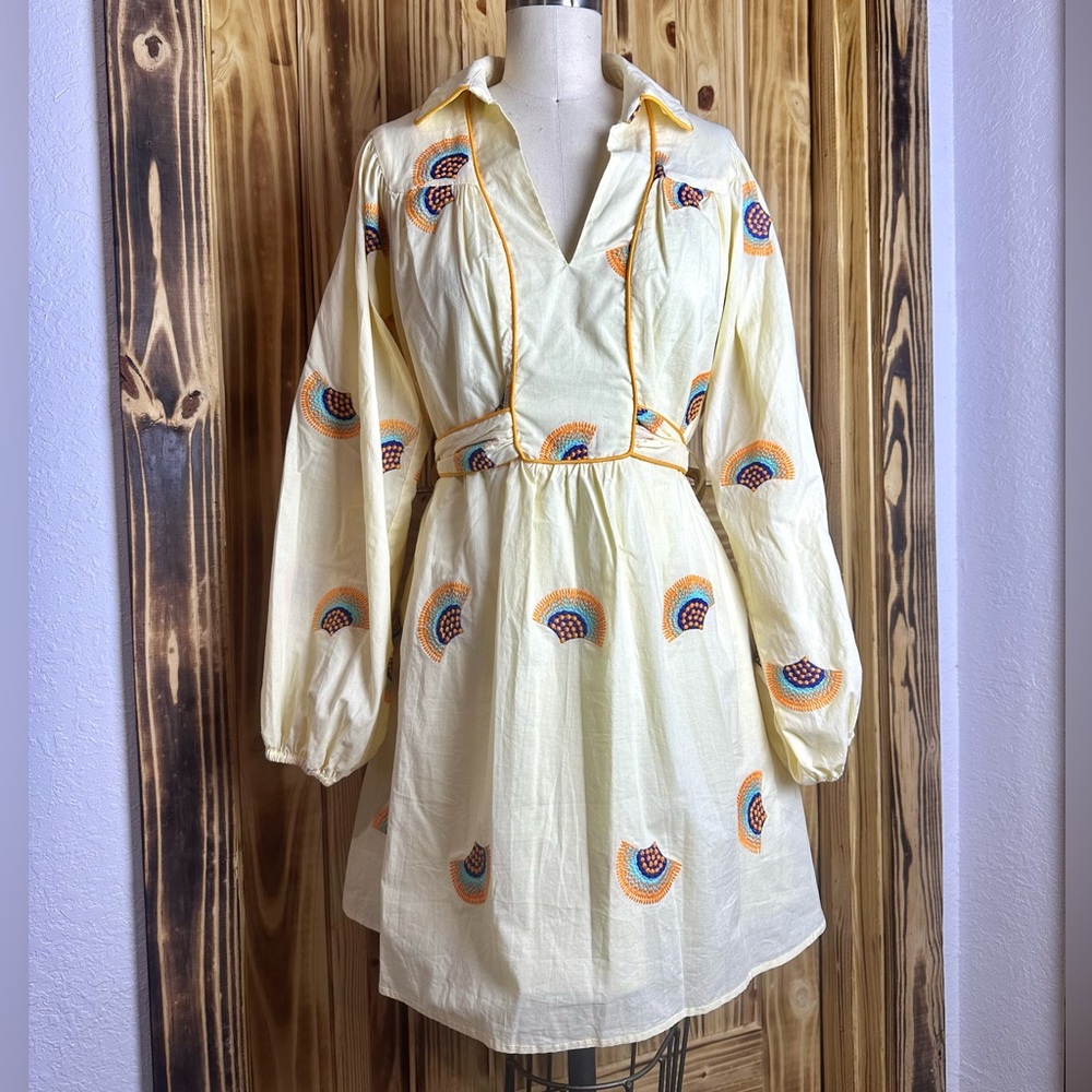❗️Ciebon Halliday Long Sleeve Embroidered mini dress 100% cotton size xs cream